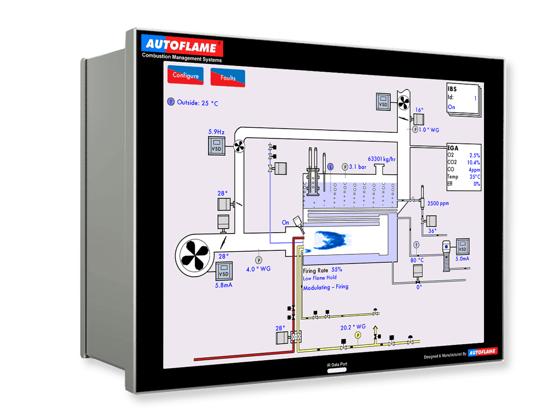 Autoflame combustion management system touchscreen display showing real-time boiler performance and flame monitoring.