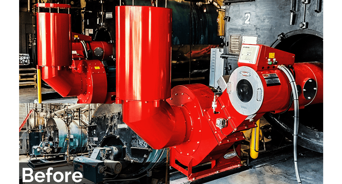 Two bright red industrial boiler burners in a mechanical room shown before upgrade installation, labeled “Before.”