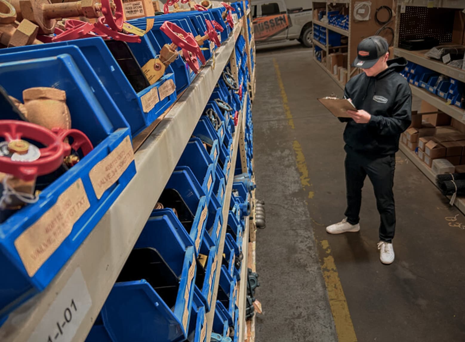 Worker in black Rasmussen Mechanical hoodie reviewing inventory on a clipboard in a warehouse aisle lined with blue parts bins.