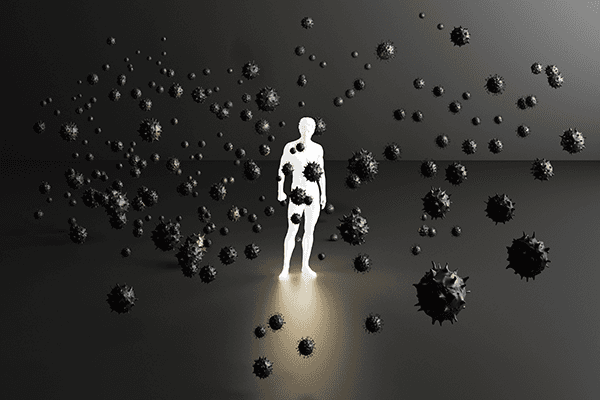 Coronavirus and HVAC: man surrounded by viruses