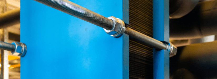 Plate and Frame Heat Exchanger close-up in a warehouse.