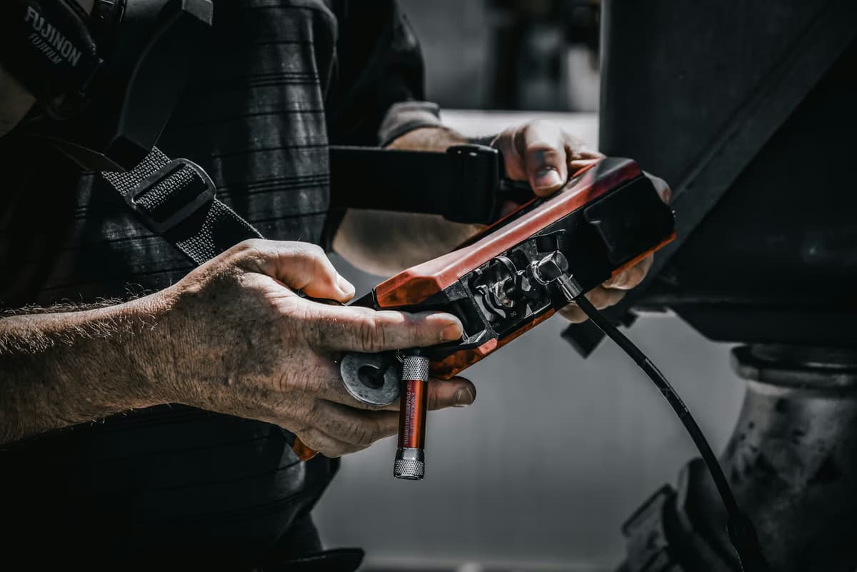 Reliability technician using vibration analysis equipment to inspect mechanical system performance at an industrial facility, part of Rasmussen Mechanical Services’ predictive maintenance program.