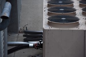 Rooftop commercial air chiller on a school in Iowa
