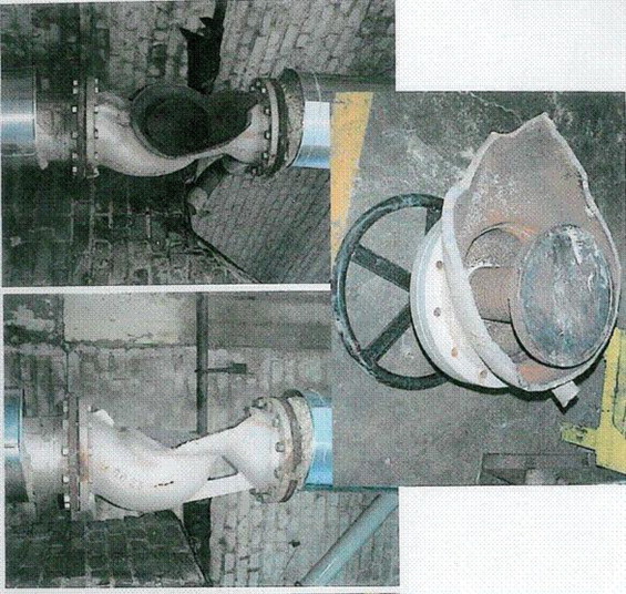 Extreme damage to process piping in a warehouse caused by waterhammer. 